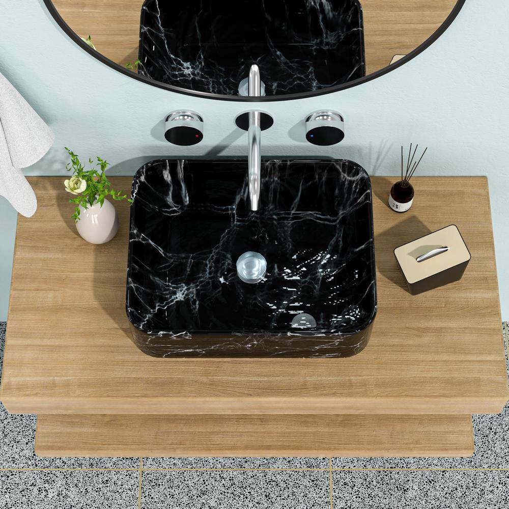 19" x 15" Black and Gray Marble Pattern Ceramic Rectangular Vessel Sink