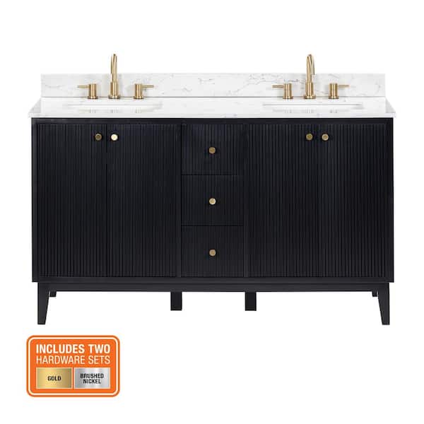 Sylvie 60 in. Double Sink Fluted Black Bath Vanity with Carrara Venato Engineered Stone Top (Assembled)
