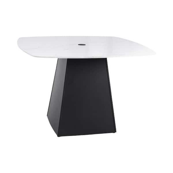 44 in. Black Square Aluminum Outdoor Dining Table with Greek Marble-Look Sintered Stone Top and Umbrella Hole