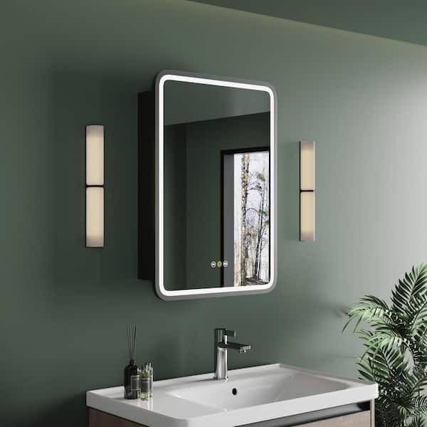 HBEZON Thalia 16 in. W x 28 in. H Rectangular Iron Black Recessed Medicine Cabinet with Mirror, LED Lighting, Anti-fog
