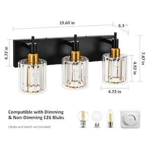 Orillia 19.67 in. 3-Light Black and Gold Bathroom Vanity Light Fixture Wall Sconce with Crystal