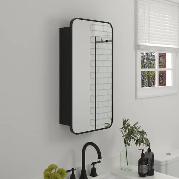 WELLFOR AO 24-in x 24-in Surface Mount Black Mirrored Round Medicine Cabinet