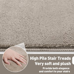 Plush Cream Gray 9.5 in. x 30 in. x 1.2 in. Bullnose Polyster Carpet Stair Tread Cover Landing Mat Tape Free Set of 15
