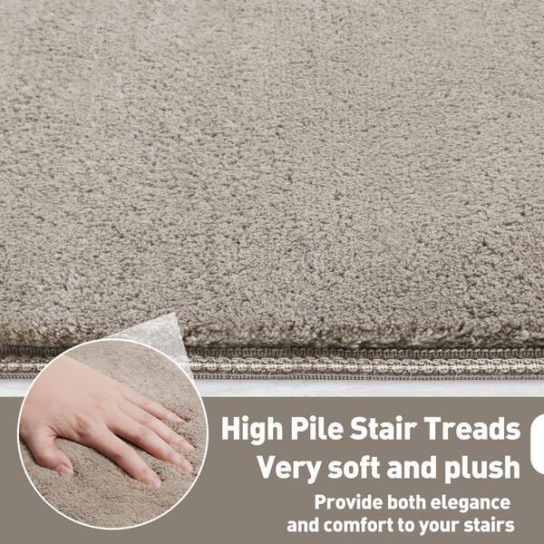 Plush Cream Gray 9.5 in. x 30 in. x 1.2 in. Bullnose Polyster Carpet Stair Tread Cover Landing Mat Tape Free Set of 15