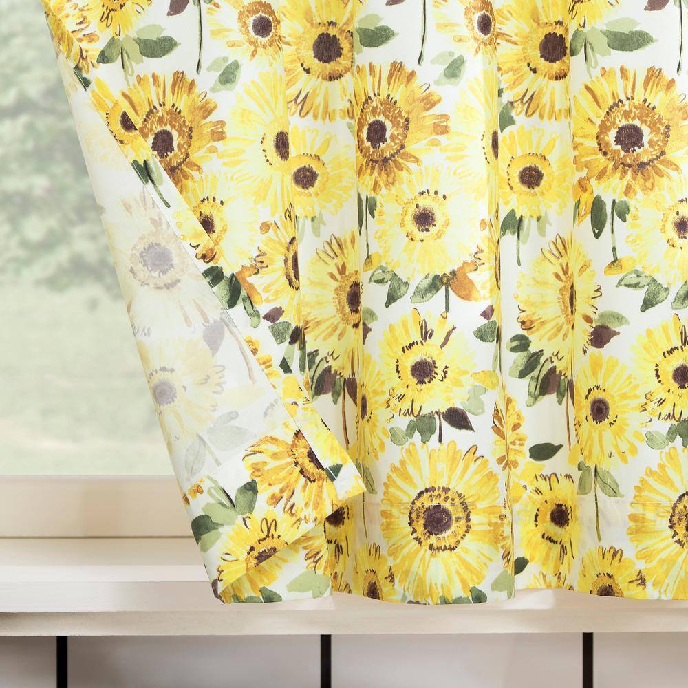 Yellow Sunflower Print Semi-Sheer Rod Pocket Kitchen Curtain Set