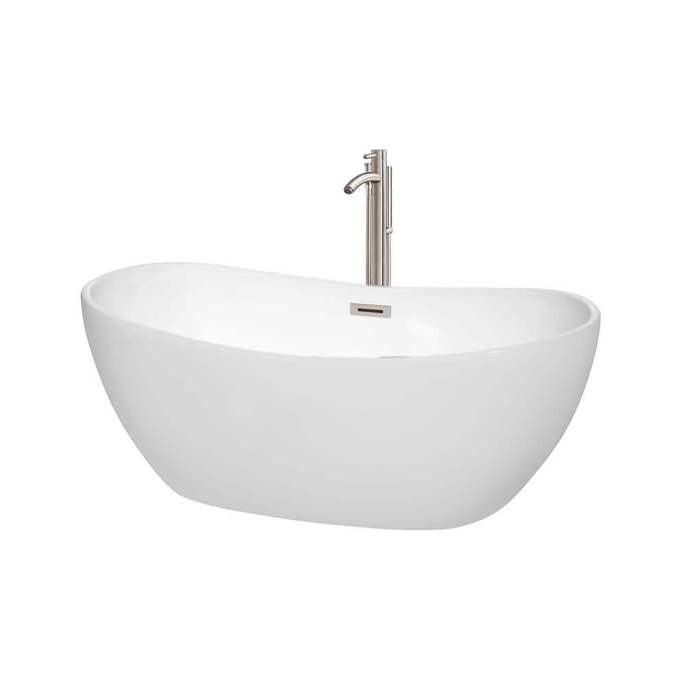 Wyndham Collection Rebecca 60 in. Acrylic Flatbottom Non-Whirlpool Bathtub in White with Brushed Nickel Trim and Faucet