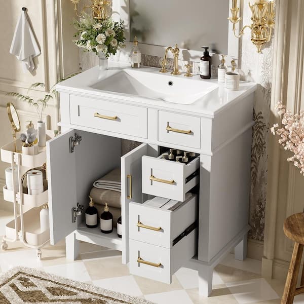 30 in. W Morden Single Sink White Bath Vanity with White Ceramic Top, 2-Drawers, Soft-Close Doors