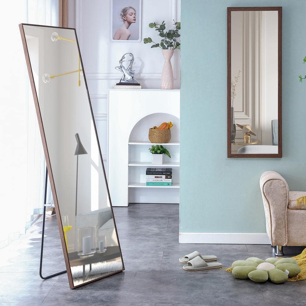 Brown 19 in. W x 63 in. H Rectangular Solid Wood Frame Full Length Mirror a