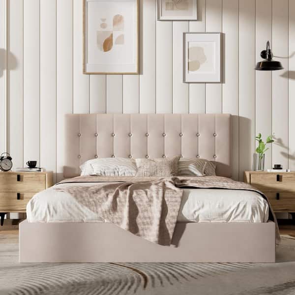Ahokua Light Khaki Beige Frame Queen Size Upholstered Platform Bed with Lift-up Storage Supported by Metal and Wooden Slats