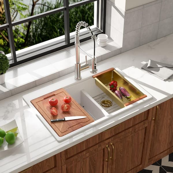 33 in. White Quartz/Granite Composite Low Divide Double Bowl (60/40) Drop-In Workstation Kitchen Sink with Accessories