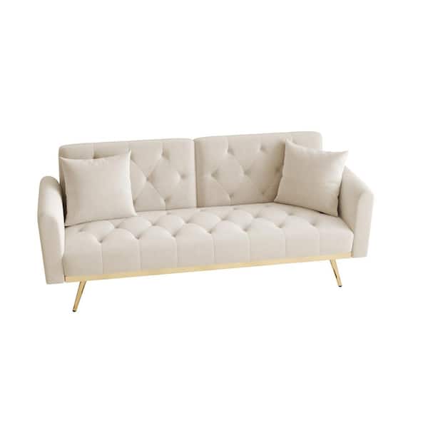 68.3 in.Beige Velvet Twin Size Sofa Bed with Two Pillows