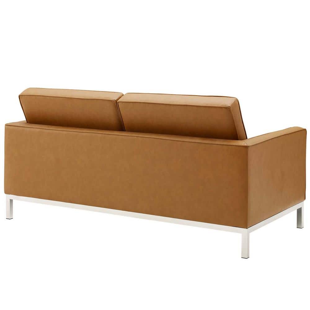 Silver Tan Tufted Faux Leather Loveseat with Metal Legs
