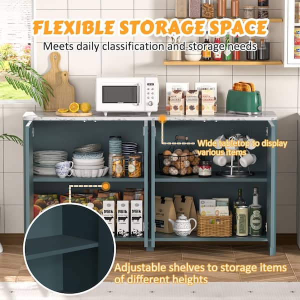60.24 in. W Teal Blue MDF Sideboard Buffet, Accent Storage Cabinet with Adjustable Shelves and Curved Turn