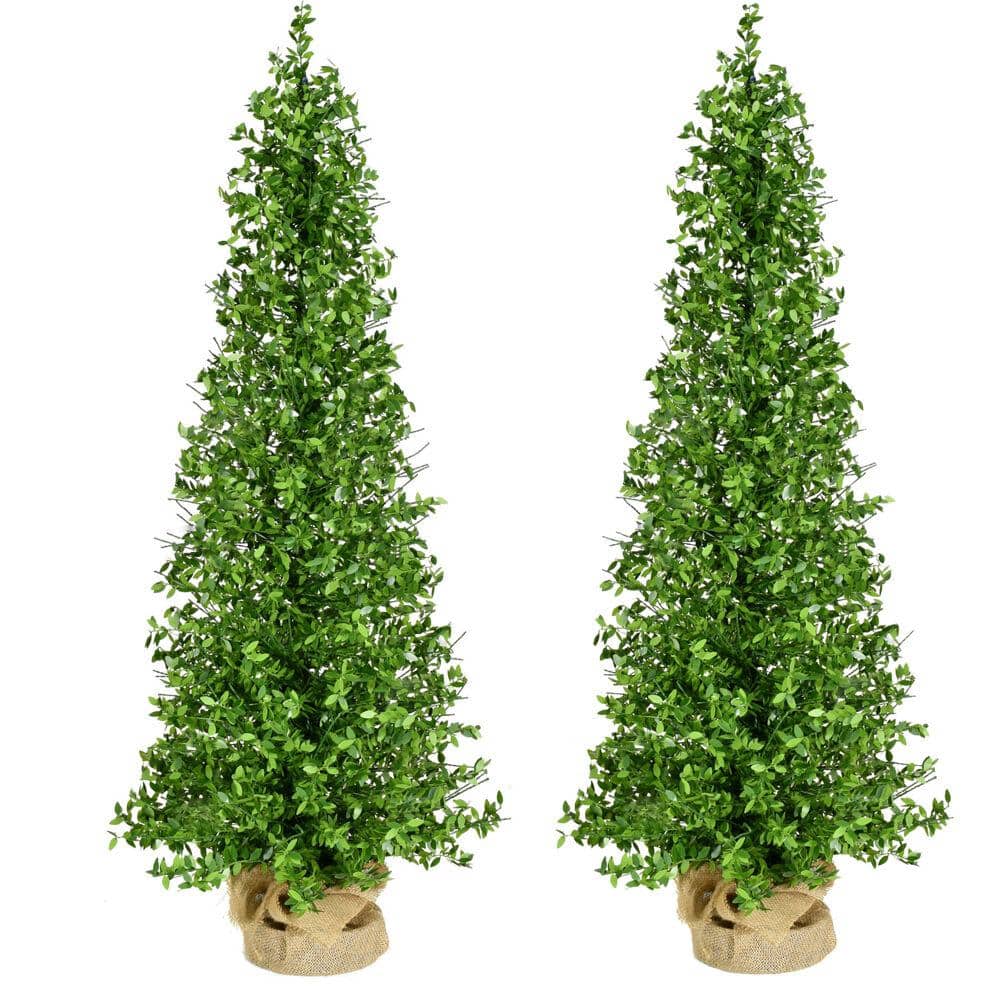 36 in. Christmas Boxwood Porch Tree with Burplap Bag, (Set of 2)