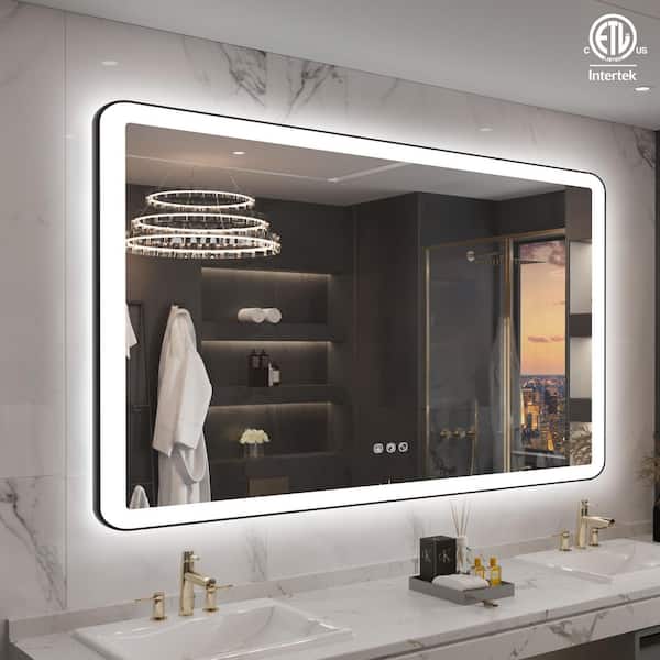 55 in. W x 30 in. H Rectangular Angle Rounded Framed Super Bright LED Wall Mounted Bathroom Vanity Mirror in Matte Black