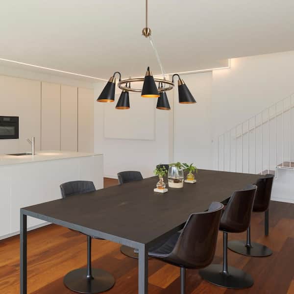 Flumie 5-Light Modern Round Black Chandelier, Industrial Brass Gold Adjustable Chain Hanging Pendant with Metal Cone