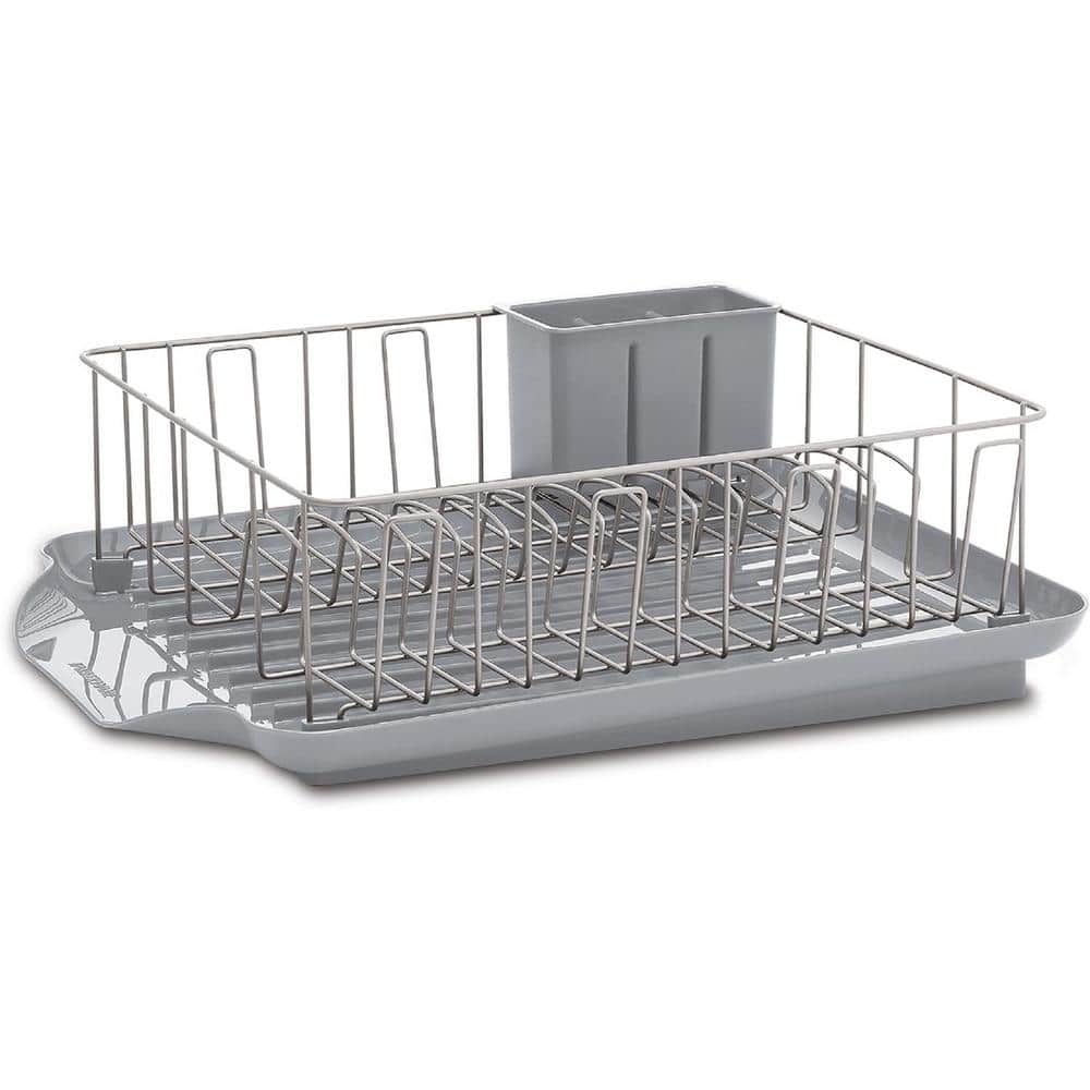 Classic Large Dish Rack in Gray with Removable 3 Compartment Flatware Caddy