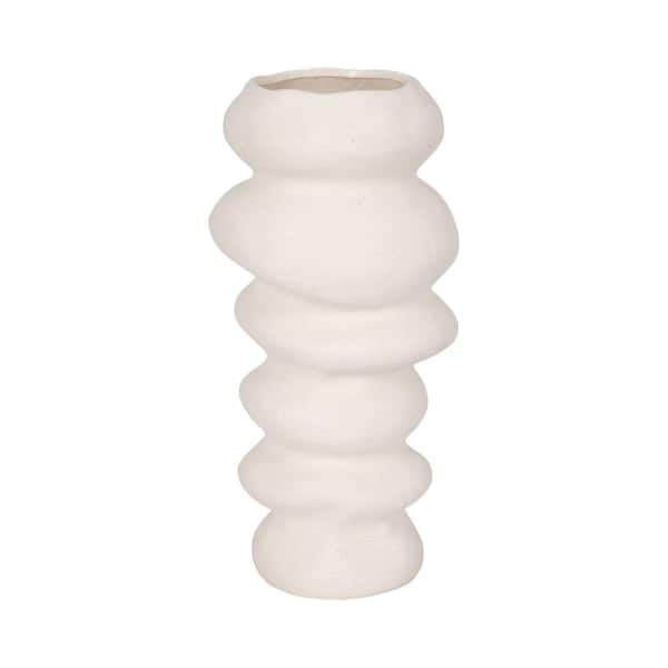 Liv & Skye 16 in. White Stoneware Geometric Scribed Cairn Decorative Vase