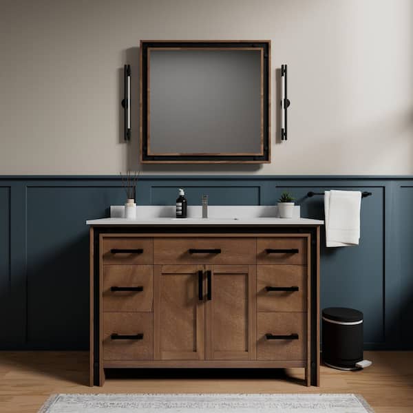 Lexora Ziva 48 in W x 22 in D Rustic Barnwood Bath Vanity, White Quartz Top, Faucet Set and 34 in Mirror