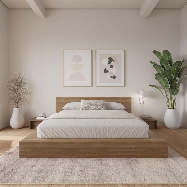 Kanso 4-Piece Brown Oak King Size Low-Profile Platform Bedroom Set