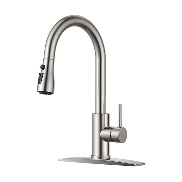 FORIOUS Single-Handle Kitchen Faucet with Pull Down Sprayer High-Arc Kitchen Sink Faucet with Deck Plate in Brushed Nickel