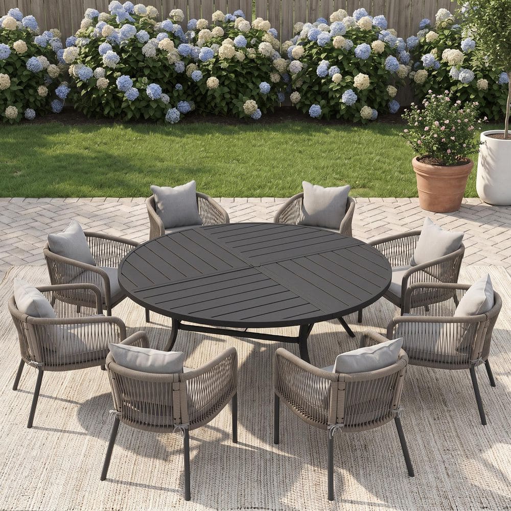 9-Piece 63 in. Black Metal Round Outdoor Dining Set with Umbrella Hole, 8 Gray Rattan Rope Chairs with Gray Cushions price history on PriceWatchPro