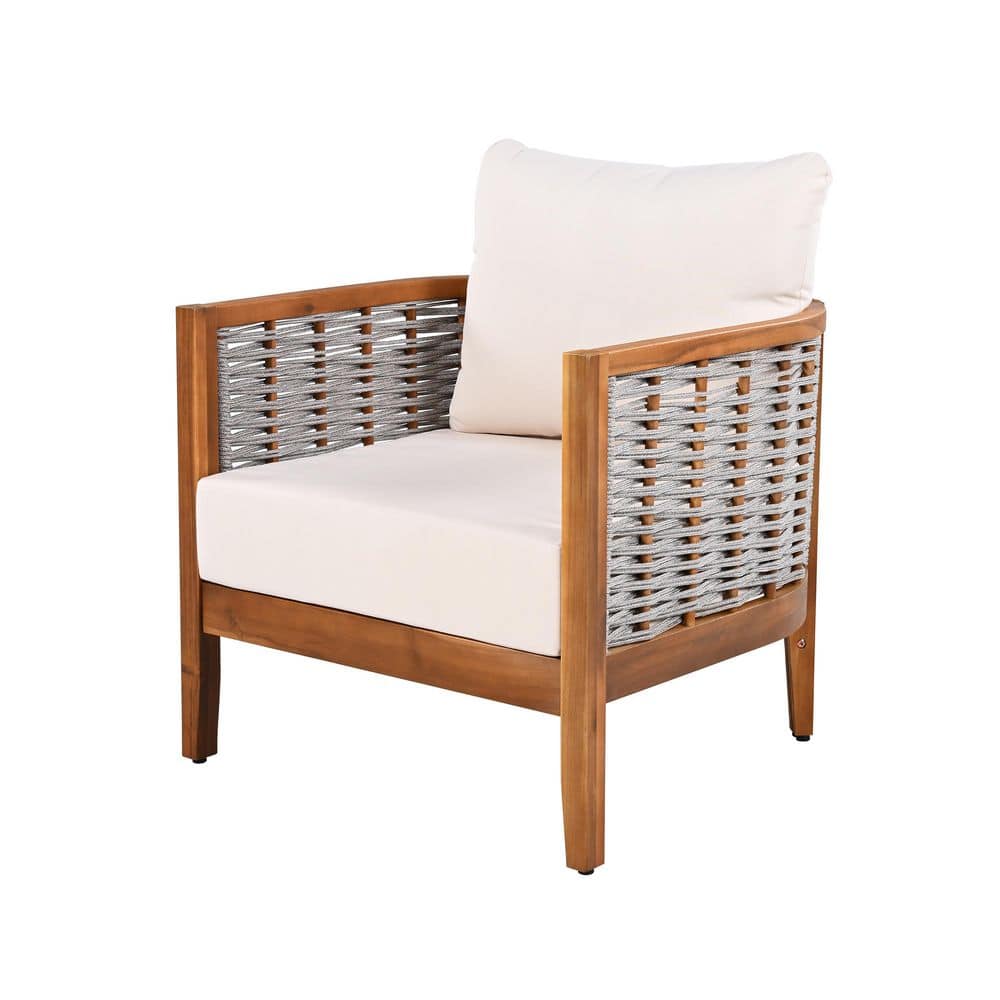 Teak Finish Tub Design Woven Rope Acacia Wood Outdoor Lounge Chair in Beige Cushion (Set of 1) price history on PriceWatchPro