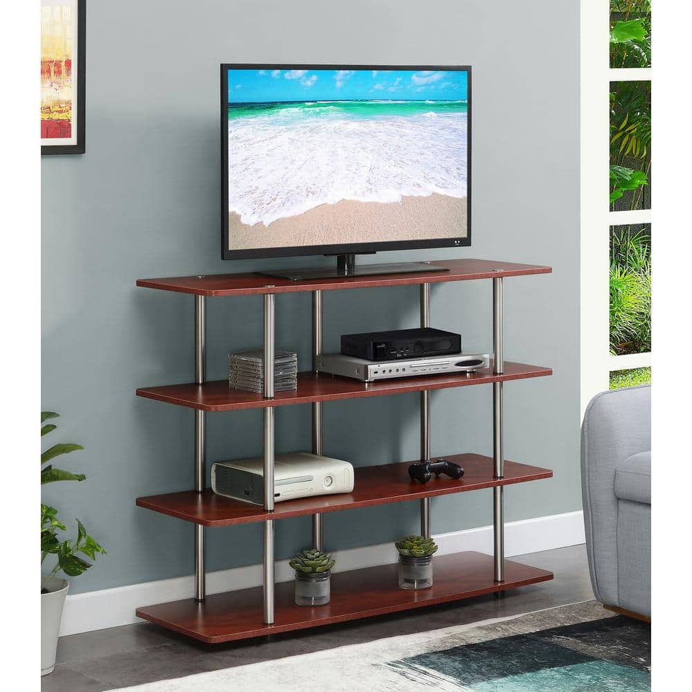 Cherry Woodgrain 48" 4-Tier TV Stand with Stainless Steel Poles