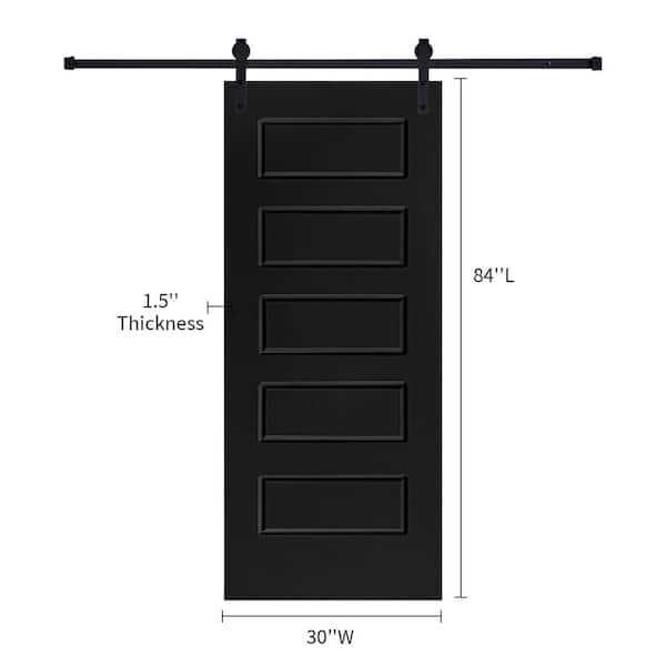 Modern 5-Panel 30 in. x 84 in. MDF Black Barn Sliding Door With Hardware kit