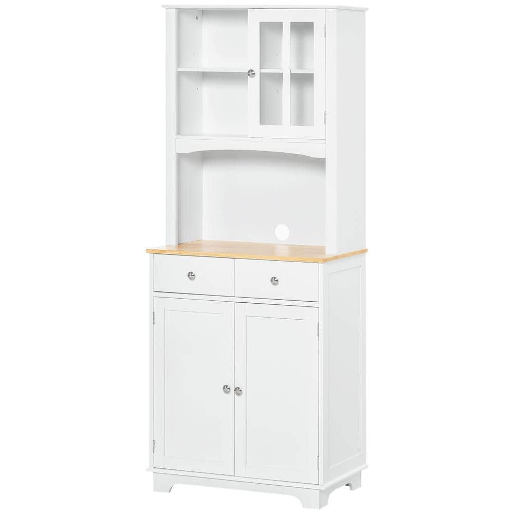White Recessed Panel Kitchen Buffet with Hutch and Rubberwood Countertop