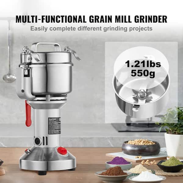 550g Electric Grain Mill Grinder, 2000-Watt High-Speed Commercial Spice Grinder, Stainless Steel Pulverizer