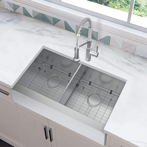 Professional 33 in. Farmhouse/Apron-Front Double Bowl 16 Gauge Stainless Steel Kitchen Sink with Spring Neck Faucet