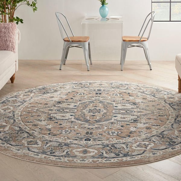 Concerto Beige Grey 10 ft. x 10 ft. Center medallion Traditional Round Area Rug