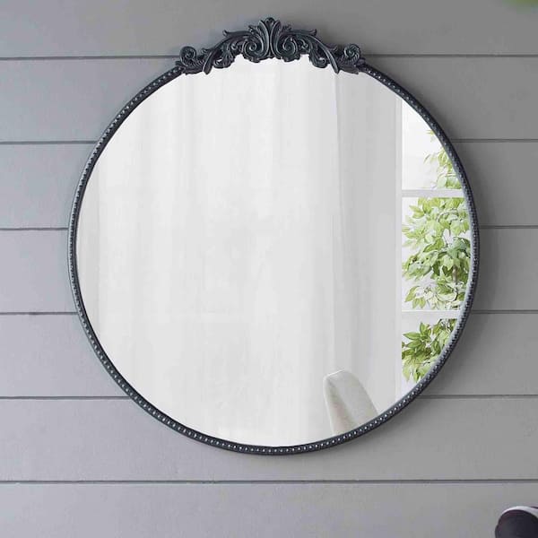 FAMYYT Baroque 30 in. W x 32 in. H Round Metal Framed Wall Bathroom Vanity Mirror in Black