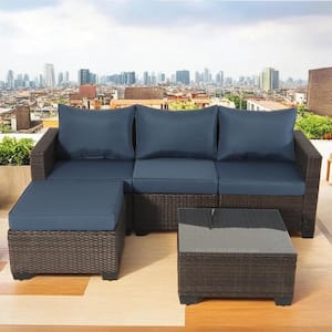 Modern 5-Piece Brown Wicker Patio Conversation Set with Dark blue Cushions