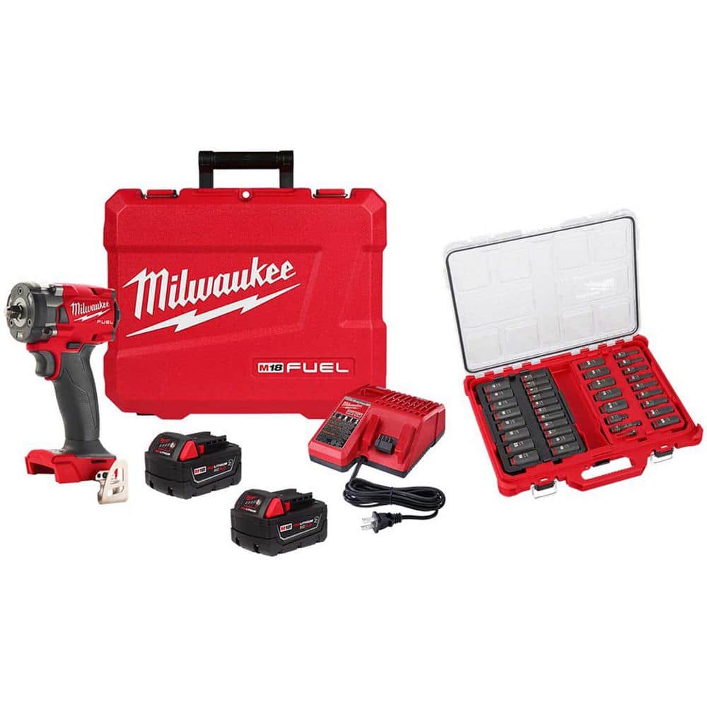 Milwaukee M18 FUEL 18V Lithium-Ion Brushless Cordless 3/8 in. Compact Impact Wrench FR Kit w/PO Metric/SAE Socket Set (36-Piece) -  2854-22R-4
