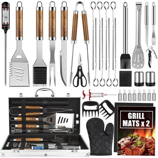 Deluxe 38-Piece Stainless Steel Grill Tool Set with Aluminum Case, Thermometer and Grill Mats for Outdoor BBQ Camping