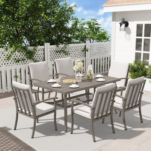 EGEIROSLIFE AluLux 7-Piece Aluminum Outdoor Dining Set with Rectangle Table and Gray Cushions