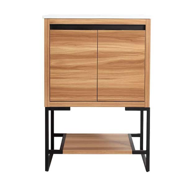 EPOWP 24 in. W x 18 in. D x 35 in. H Freestanding Bath Vanity in Maple with White Ceramic Top