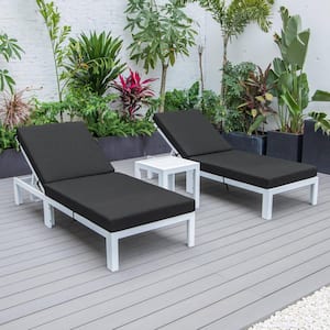 Chelsea Modern White Aluminum Outdoor Patio Chaise Lounge Chair with Side Table and Black Cushions Set of 2