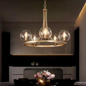 Modern Gold Chandelier Pendant Light 5-Light Wagon Wheel Dining Room Chandelier with Seed Glass Shades