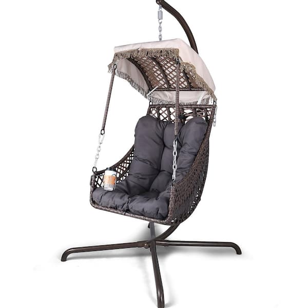 Tunearary Wicker Outdoor Rocking Chair Rattan Frame Adjustable Height Swinging Egg Chair with Gray Cushion and Cup Holder