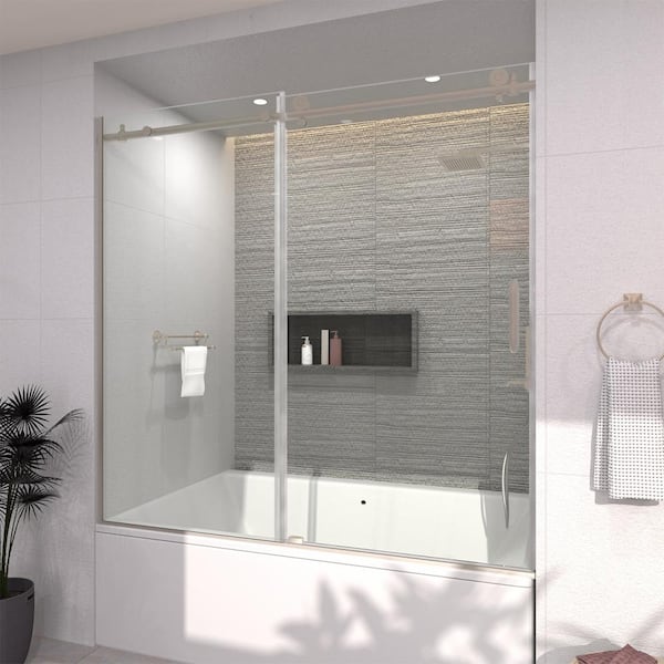 60 in. W. x 60 in. H Sliding Semi Frameless Tub Door in Brushed Nickel Finish with Clear Glass