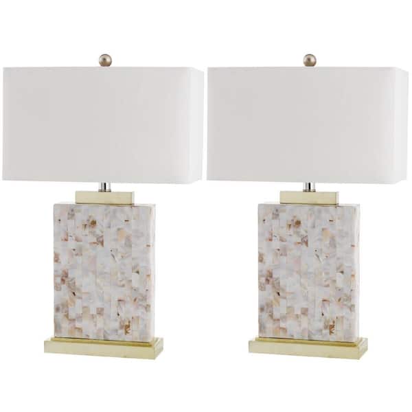SAFAVIEH Tory 25 in. Cream Shell/Gold Accent Table Lamp with White Shade (Set of 2)