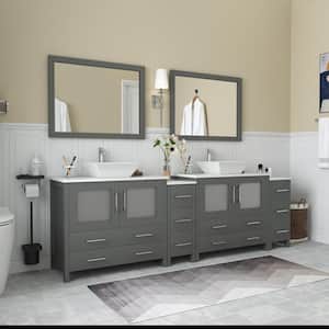 Ravenna 96 in. W Bathroom Vanity in Grey with Double Basin in White Engineered Marble Top and Mirrors