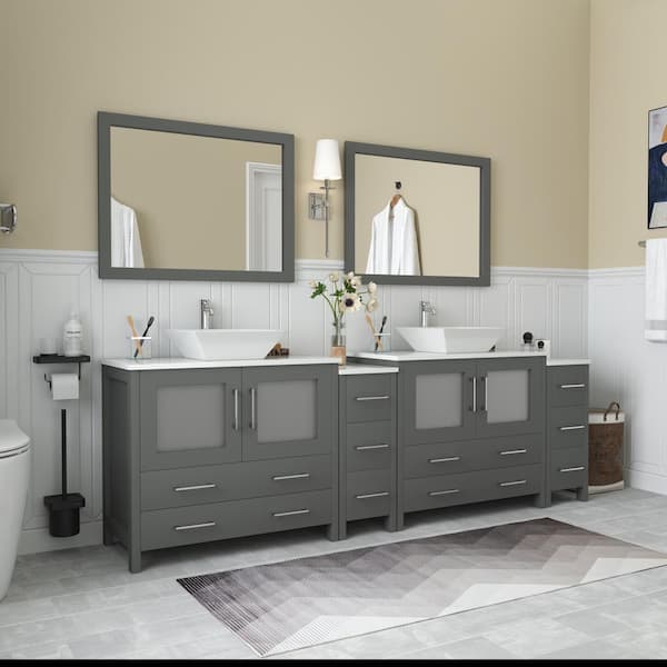 Ravenna 96 in. W Bathroom Vanity in Grey with Double Basin in White Engineered Marble Top and Mirrors