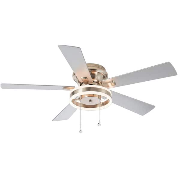 Breezary Cornelius 52 in. Integrated LED Indoor Hugger Satin Nickel Ceiling Fan with Light and Pull Chain Included