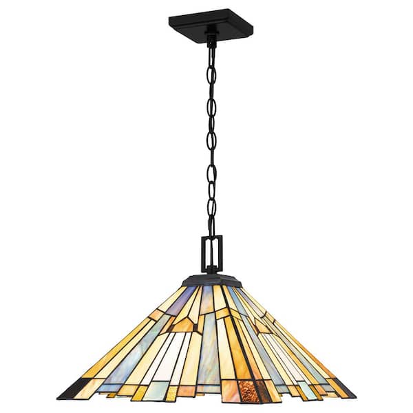 Home Decorators Collection Waterville 3-Light Matte Black Pendant with Tiffany Glass Shade