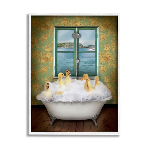 The Stupell Home Decor Collection Ducks Bathing Tub Ocean View Design by John Hovenstine Framed Animal Art Print 30 in. x 24 in.