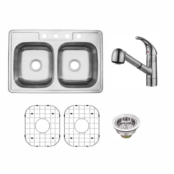 33 in. Drop-In Double Bowl 50/50-20-Gauge Stainless Steel Kitchen Sink with Pull-out Brushed Nickel Kitchen Faucet